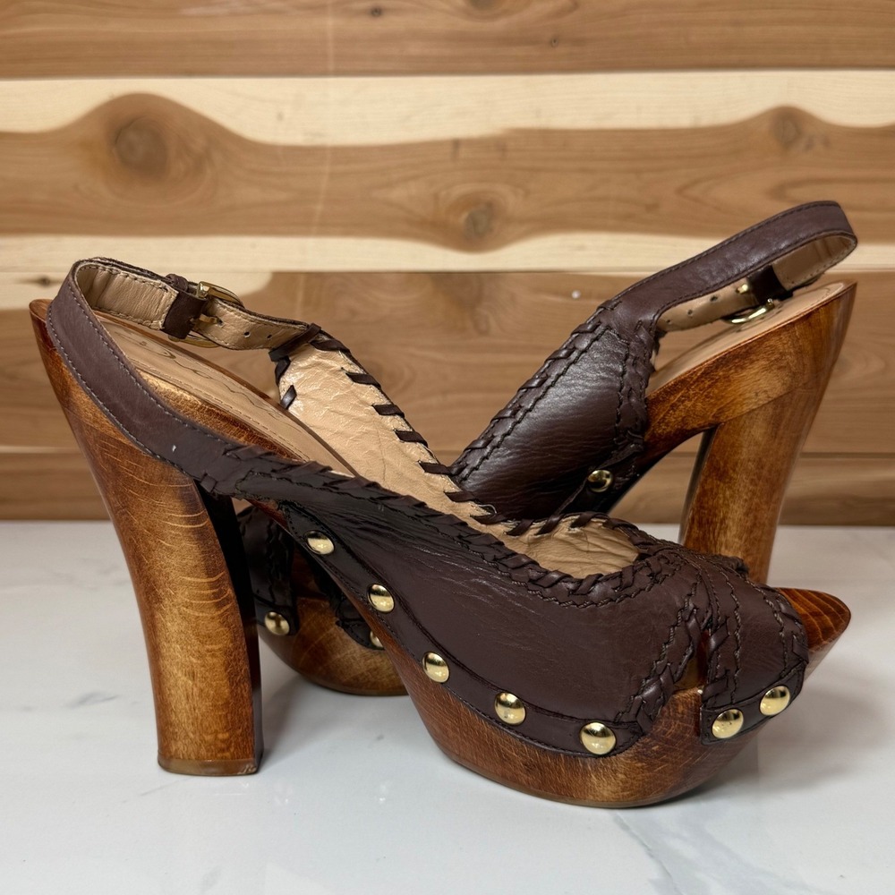 Dione Chuncky Wooden Heel Platform Sandals Leather Straps Brown Size 7.5 - Picture 13 of 13